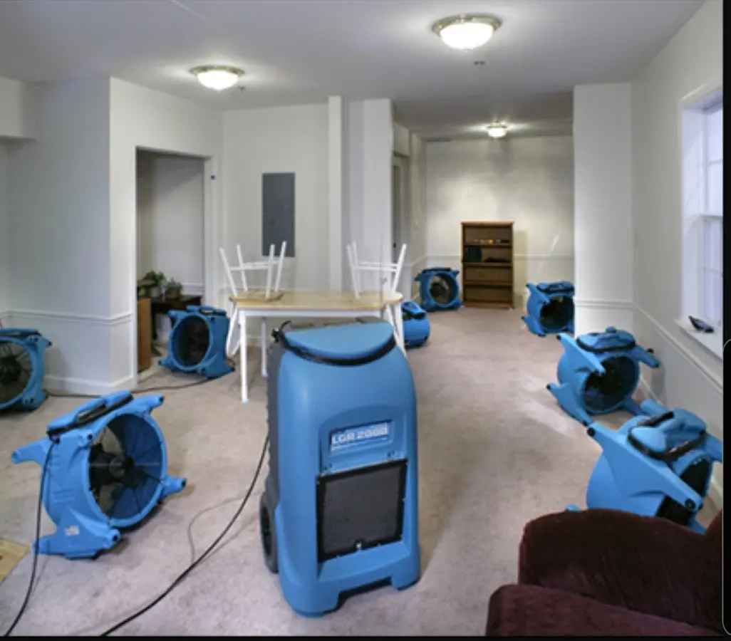 Air movers and dehumidifier setup for Water Extraction & Removal in Pekin